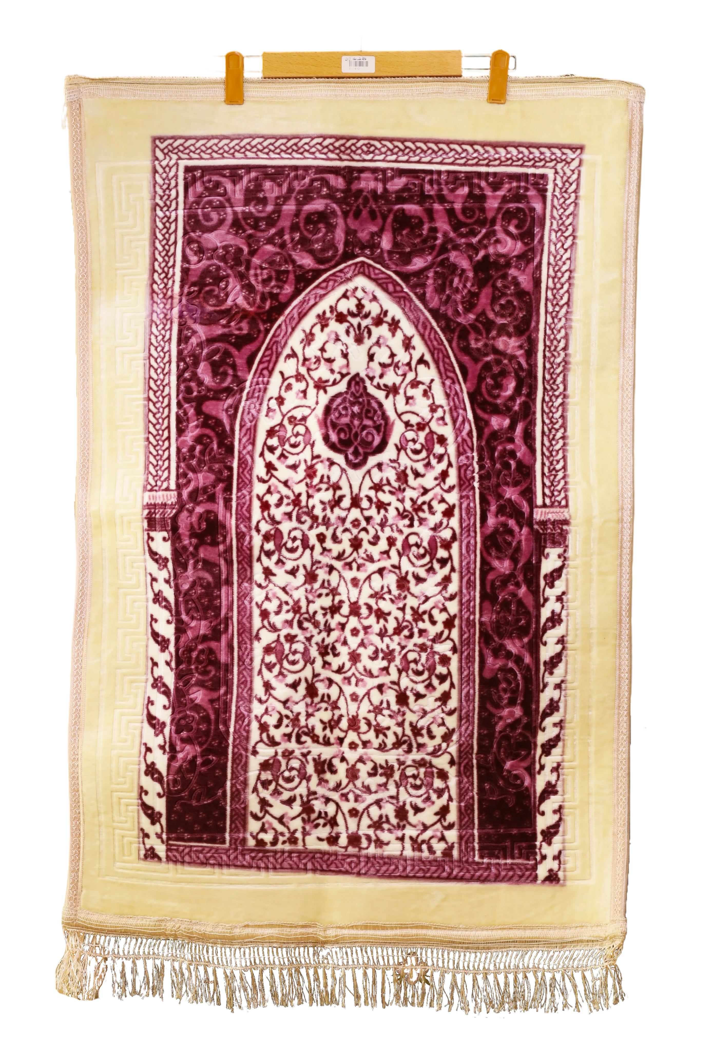 سجادة صلاة مخملية سميكة بتصميم المحراب العتيق وزخارف الأرايبسك - لون عودي وكريمي