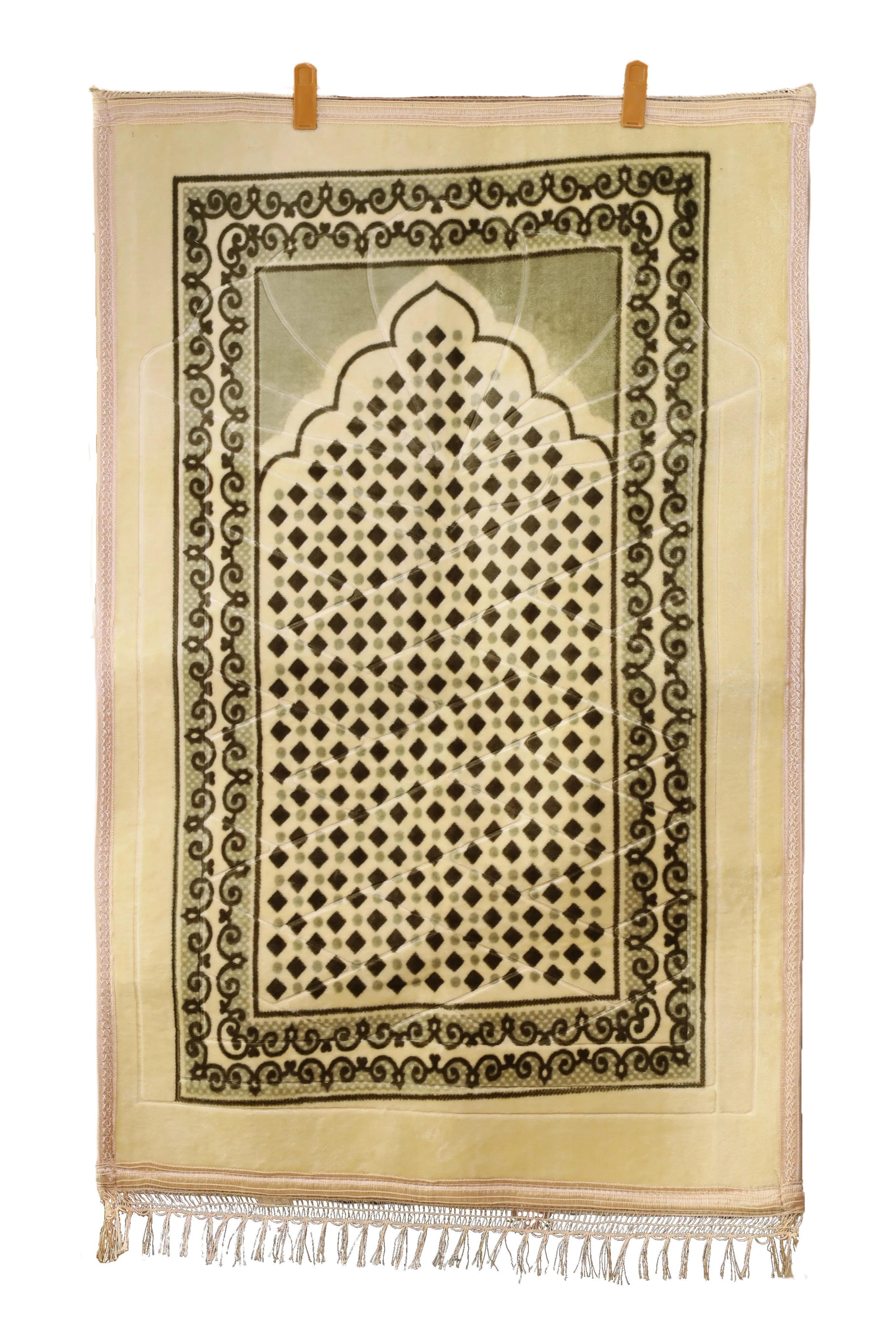 سجادة صلاة مخملية سميكة بنقوش هندسية ناعمة وتصميم المحراب - لون أخضر زيتوني وكريمي