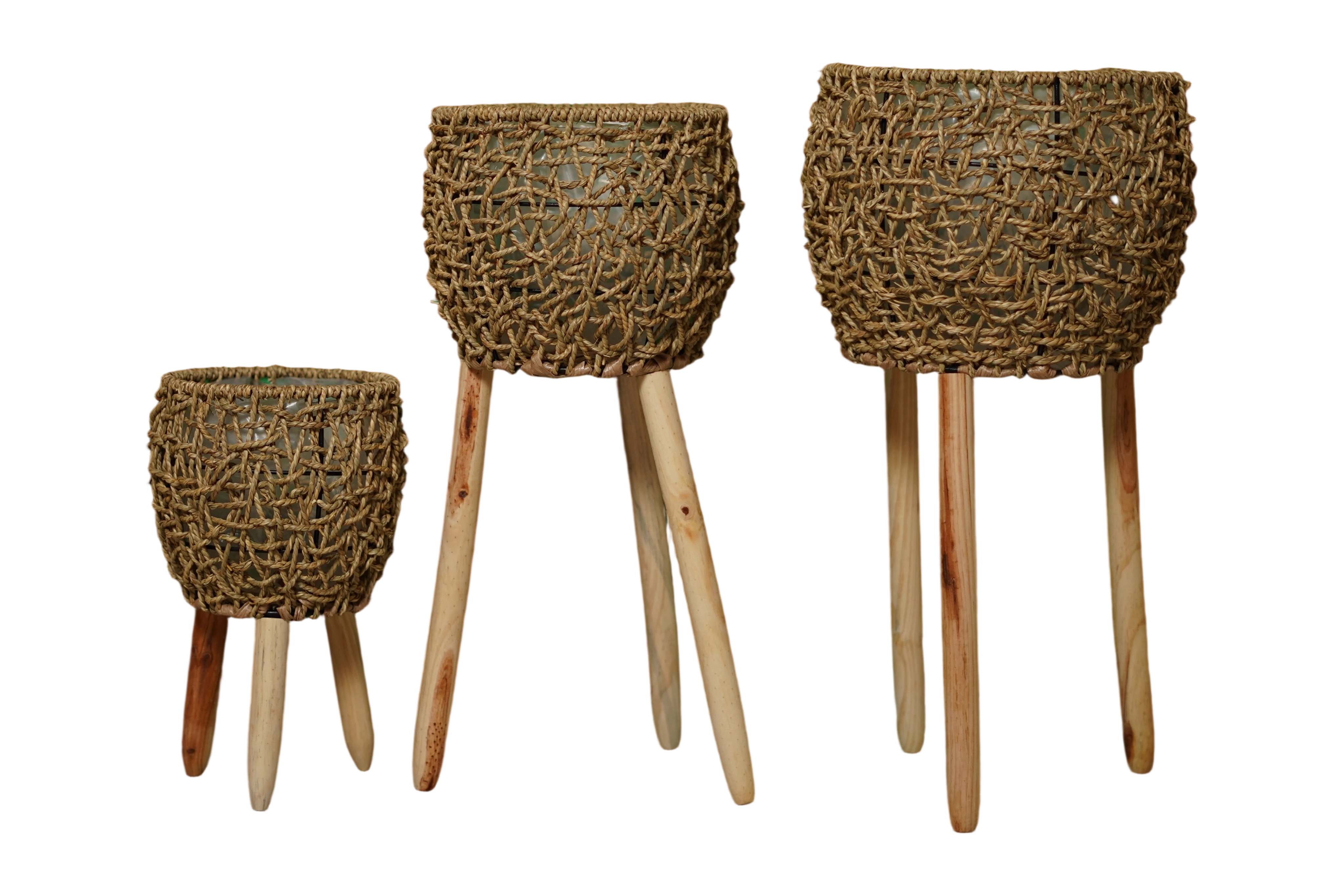 طقم حوامل نباتات خشبية مجدولة بالحبال (3 قطع) - تصميم ريفي مودرن