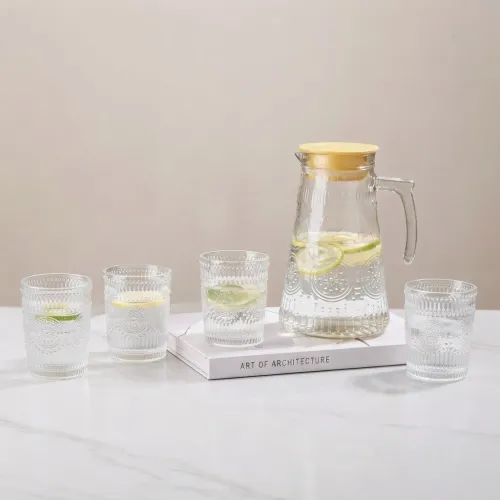 طقم ضيافة زجاجي للماء والمشروبات - 5 قطع (Glass Pitcher and Cups Set)