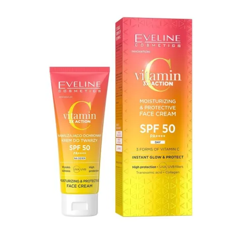 كريم واقي شمس ومرطب للوجه بـ 3 أشكال فيتامين سي SPF50 ايفلين